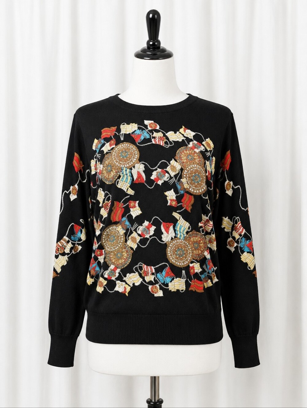 Vintage Unique Black Ornate Colorful Scarf Medallion Print Heritage Knit Sweater